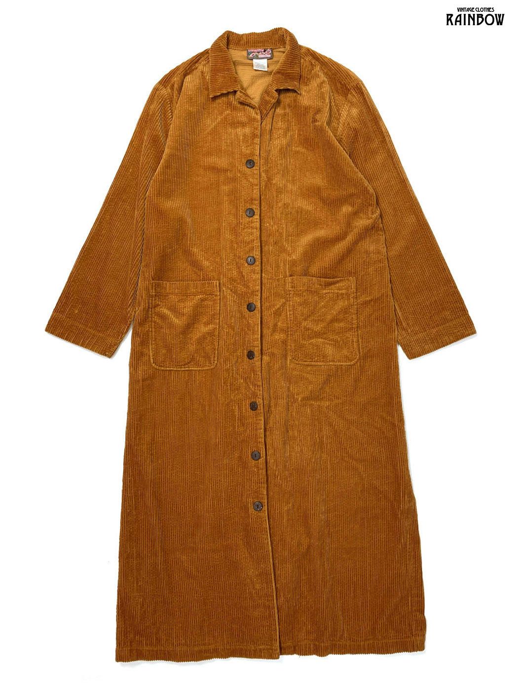 古着 前開き 無地 コーデュロイ ロング丈 長袖 ワンピース 茶 オレンジ otu 2508091