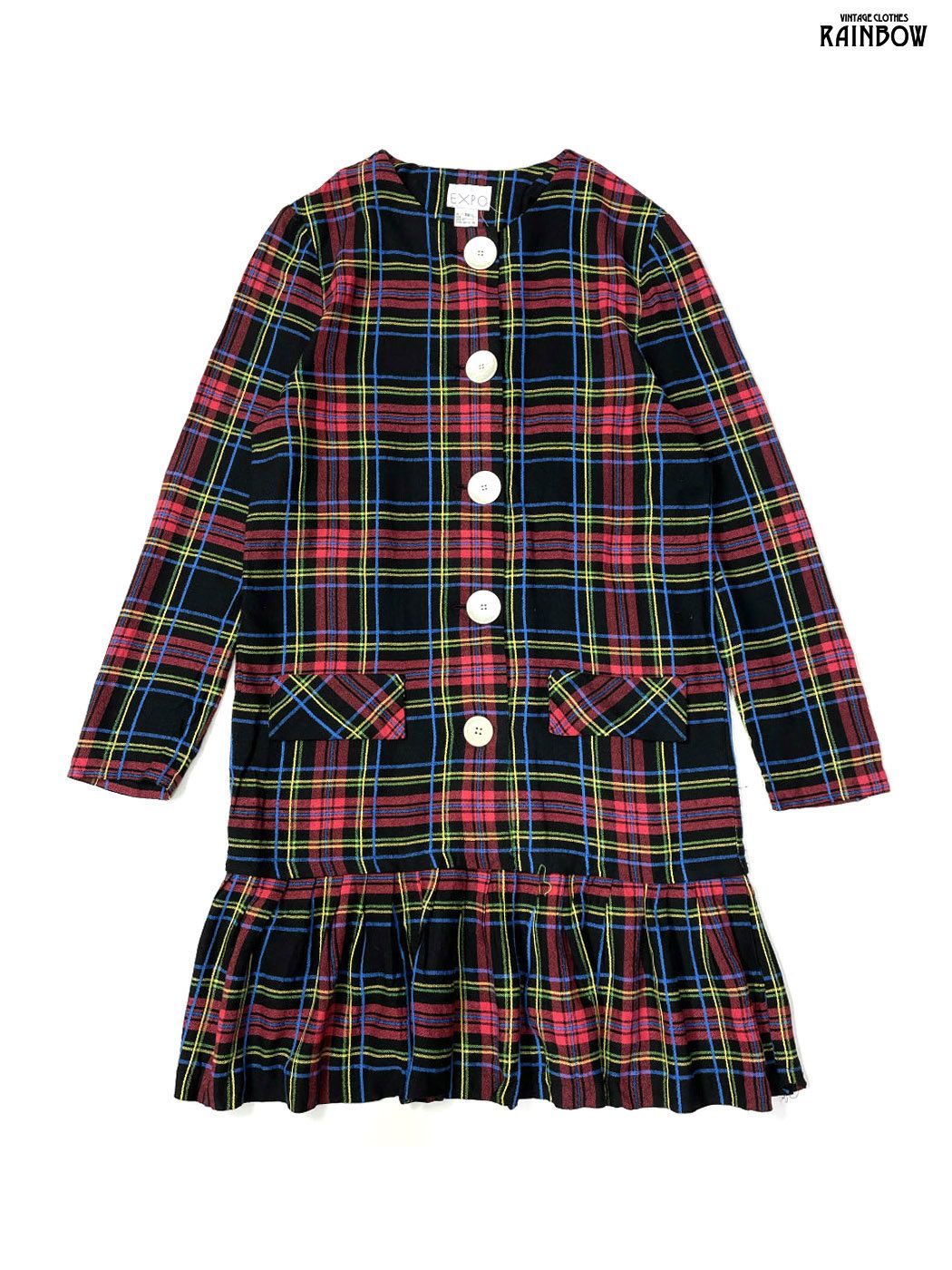 古着 アメリカ製 チェック柄 膝丈 長袖 ワンピース 赤 紺 otu 2510008