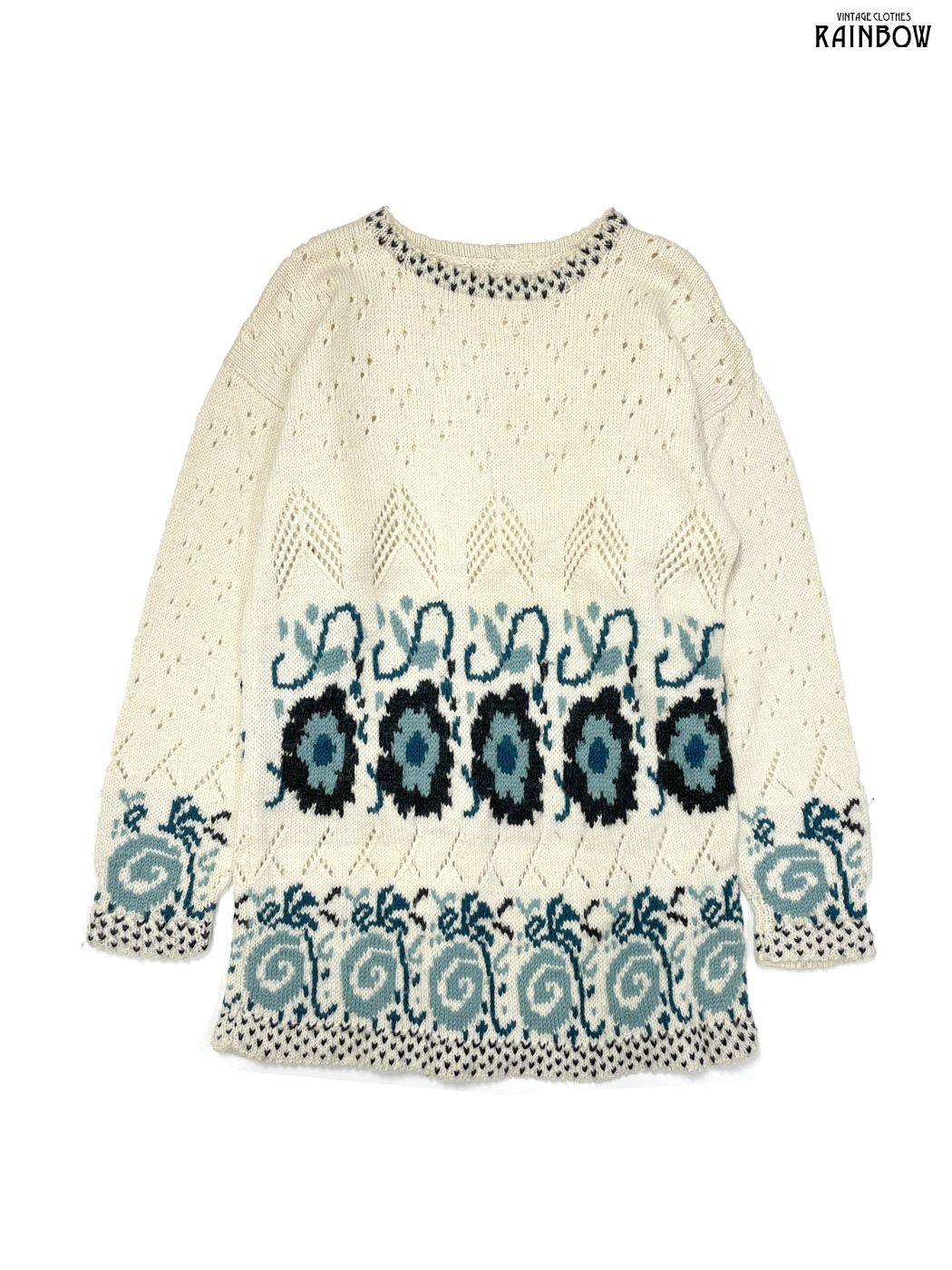 古着 総柄 ウール 膝丈 長袖 ワンピース 白 生成り 緑 otu 2510017