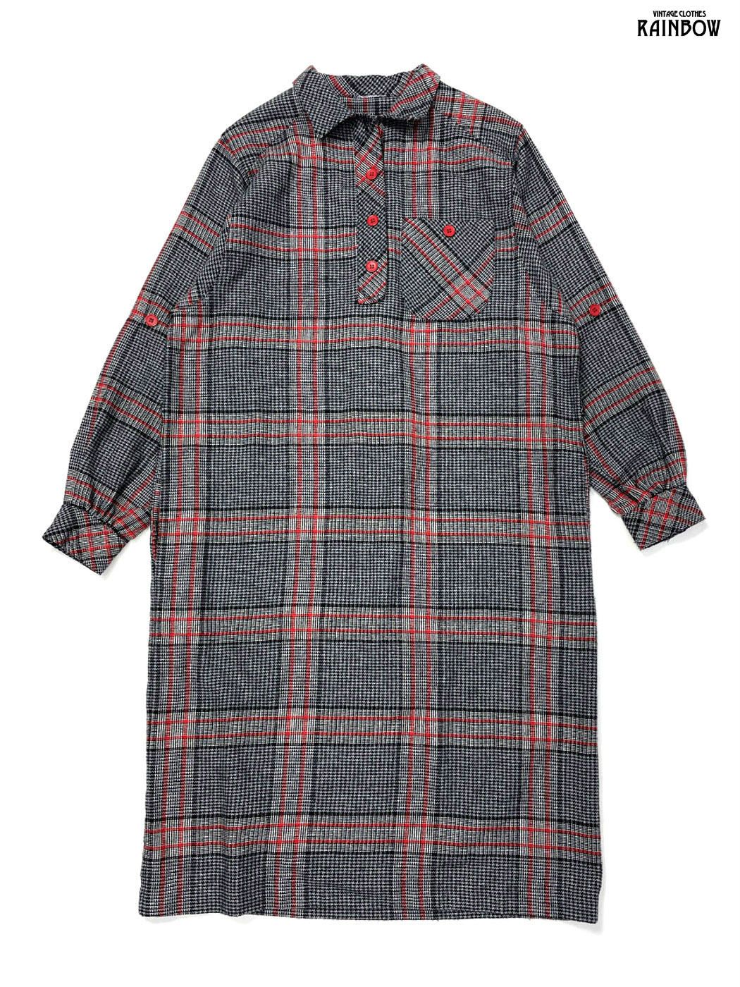 古着 チェック柄 ウール ロング丈 長袖 ワンピース グレー otu 2510048