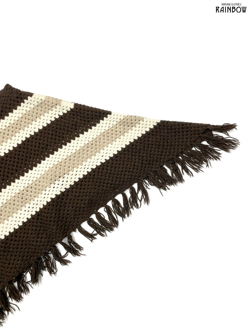 古着 フリンジ 総柄 長袖 ニット ポンチョ アウター 羽織り 茶