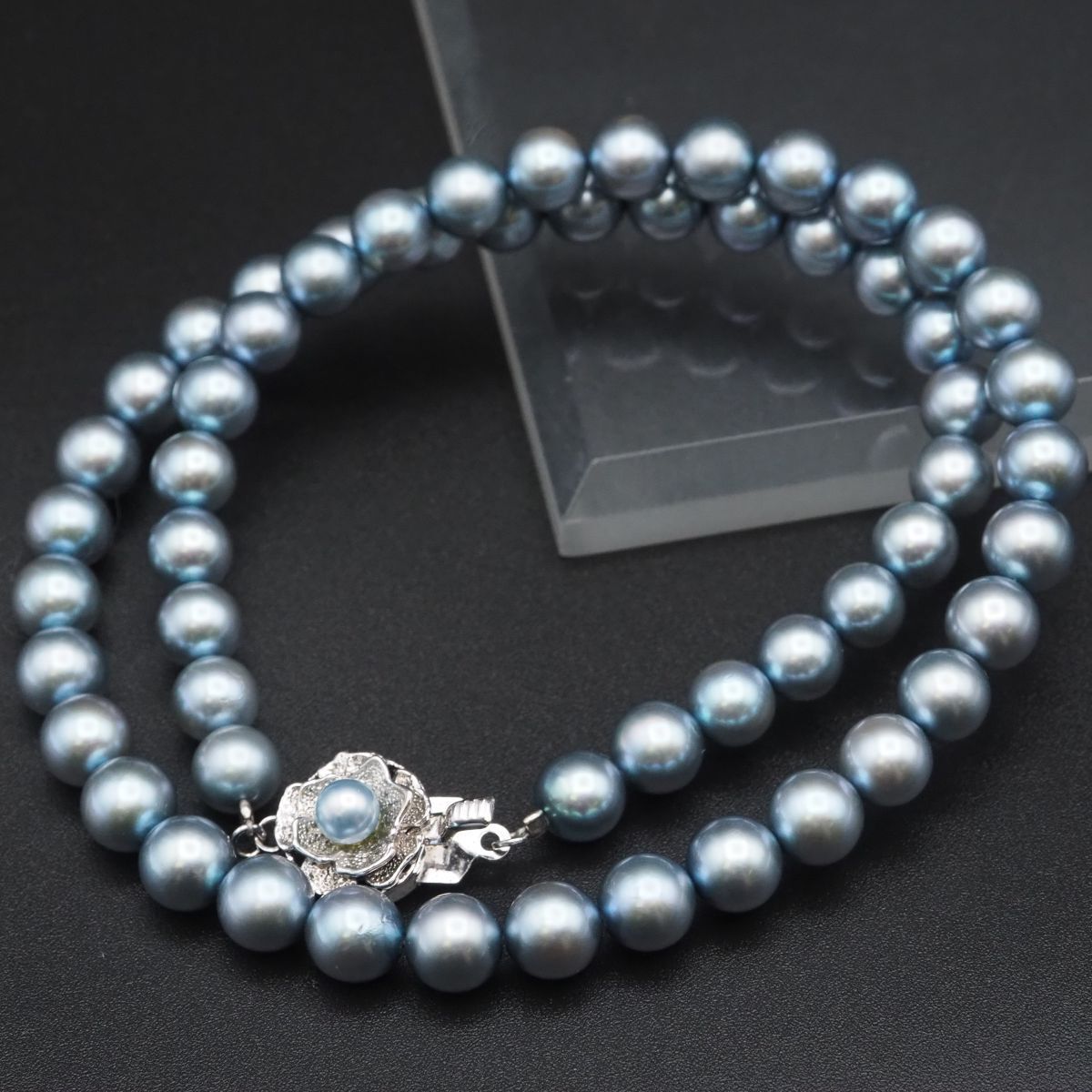 パール　ネックレス　本真珠　約7mm　Silver刻印 J860 本真珠 7.4mm珠 パール SILVER刻印 ネックレス ブルー系カラー