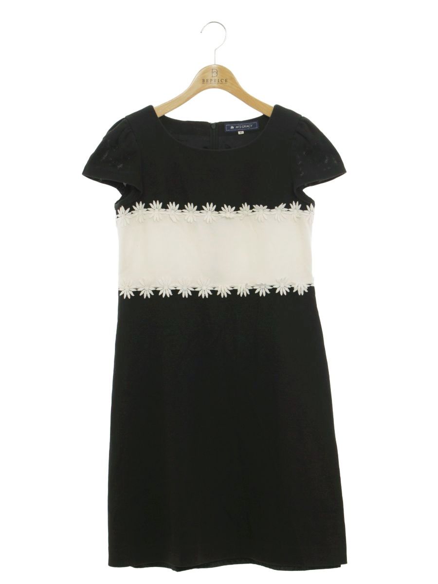 エムズグレイシー　ワンピース　40 ブラック×ベージュフラワー 美品】エムズグレイシー ワンピース 40 ブラック×ベージュ フラワー