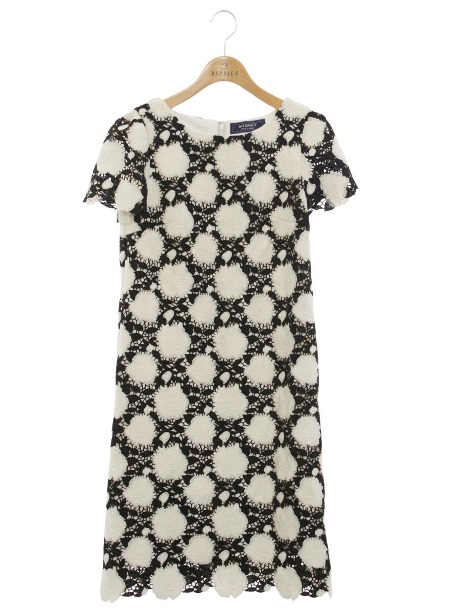 エムズグレイシー 811114 ワンピース 38 ホワイト/ブラック 花 リボン