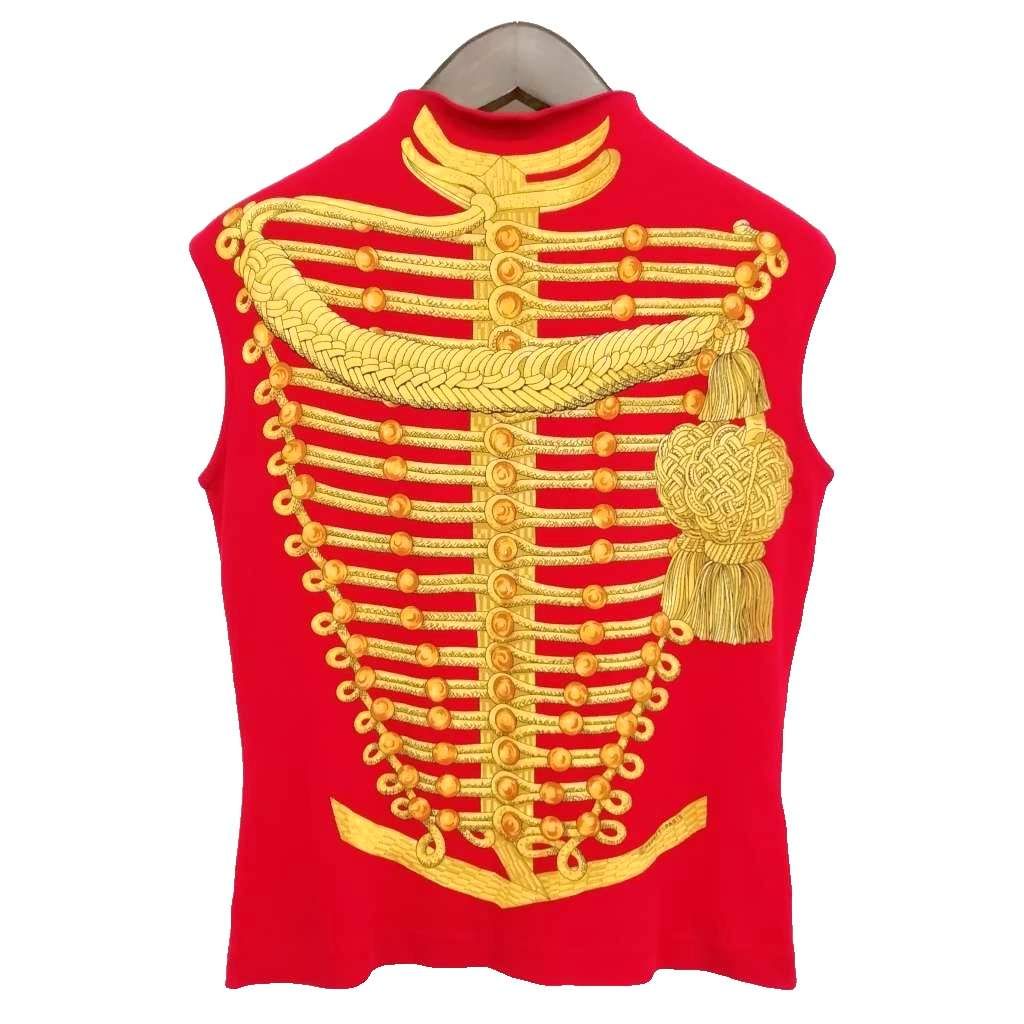 エルメス HERMES ナポレオン プリント カットソー モックネック ノースリーブ M レッド