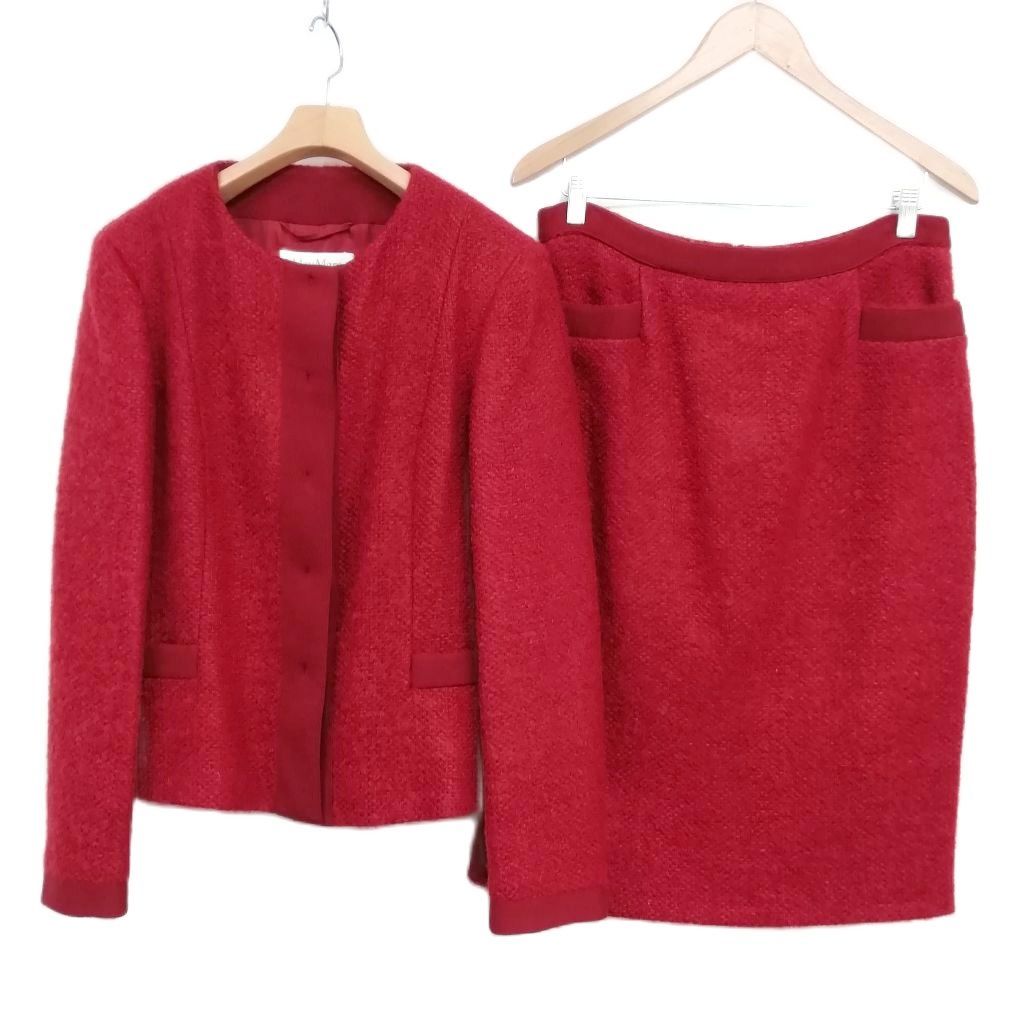 マックスマーラ MAX MARA 白タグ モヘヤ混 ツイード スカート スーツ ノー ジャケット 44 レッド系