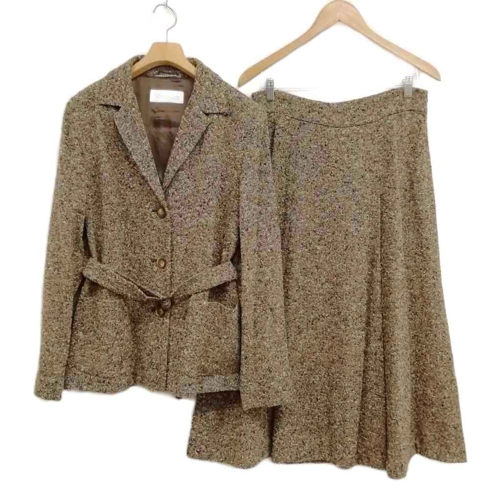 マックスマーラ MAX MARA 白タグ ツイード スカート スーツ セットアップ ジャケット ロング丈 46 ブラウン系