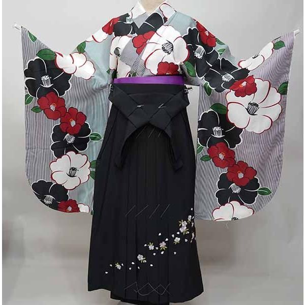 二尺袖 着物 袴フルセット ジュニア用へ直し 135～150 cm ボヌールセゾン 黒×白 椿柄 袴変更 NO 42130-02