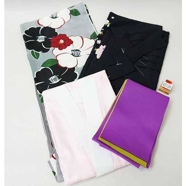 二尺袖 着物 袴フルセット ジュニア用へ直し 135～150 cm ボヌールセゾン 黒×白 椿柄 袴変更 NO 42130-02