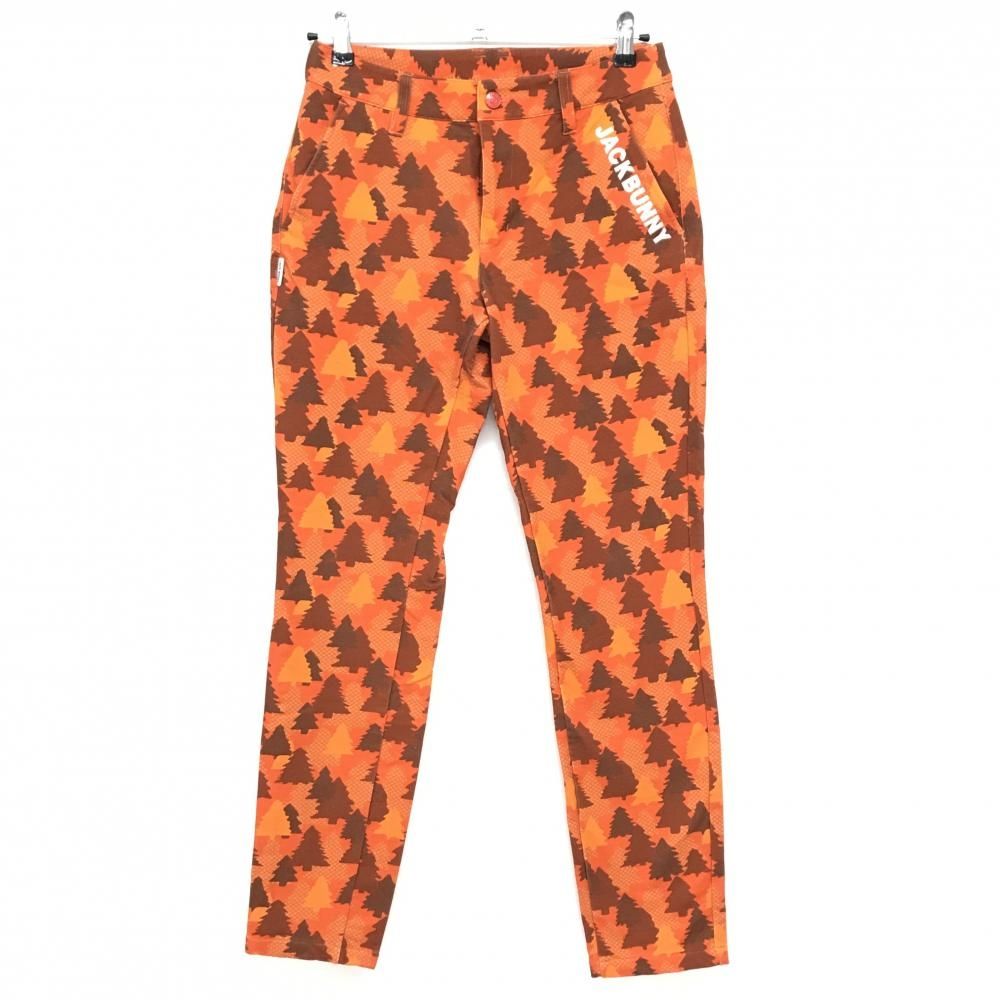  【超美品】ジャックバニー パンツ オレンジ×ブラウン ツリー総柄 ロゴ刺しゅう レディース 2(L) ゴルフウェア Jack Bunny パンツ