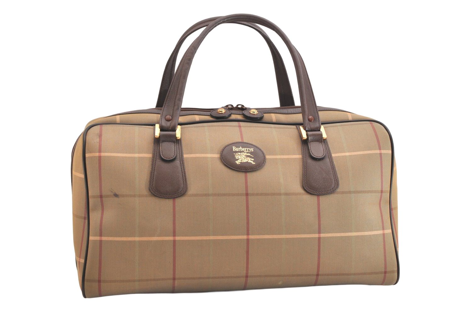 【美品】BURBERRYS バーバリーズ ボストンバッグ 希少グリーン Burberrys バーバリーズ チェック柄 キャンバス レザー トラベル