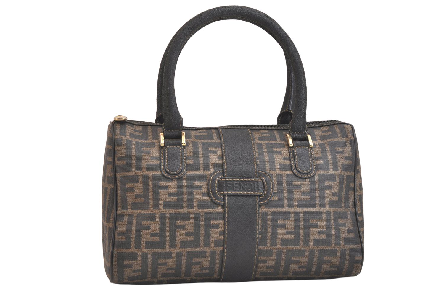 FENDI フェンディ ヴィンテージ ズッカ柄 ボストンハンドバッグ ピーブイシー レザー ブラウン ブラック 4777 N