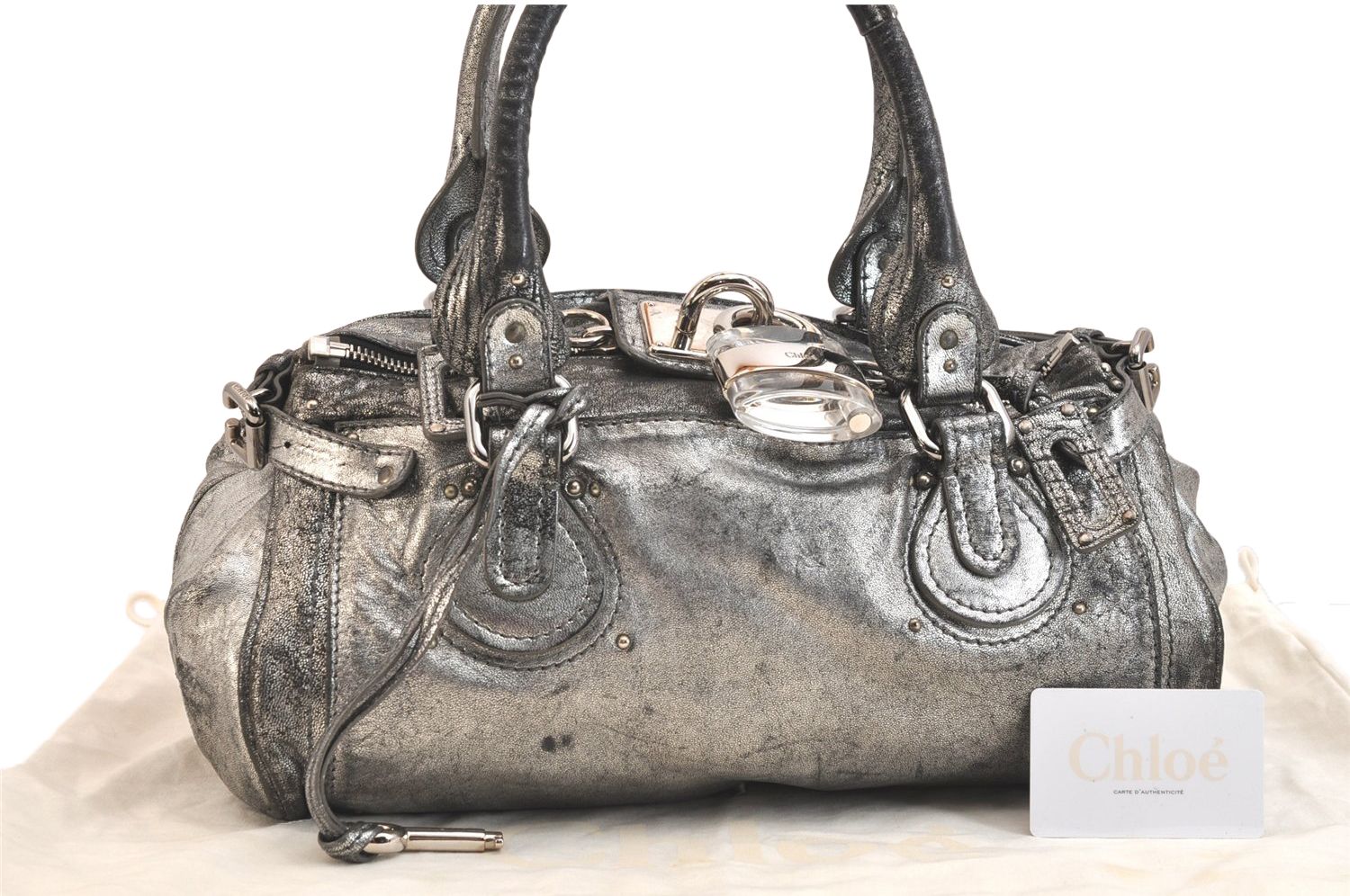 Chloe クロエ パディントン ヴィンテージ レザー ショルダーハンドバッグ シルバー 4778 N