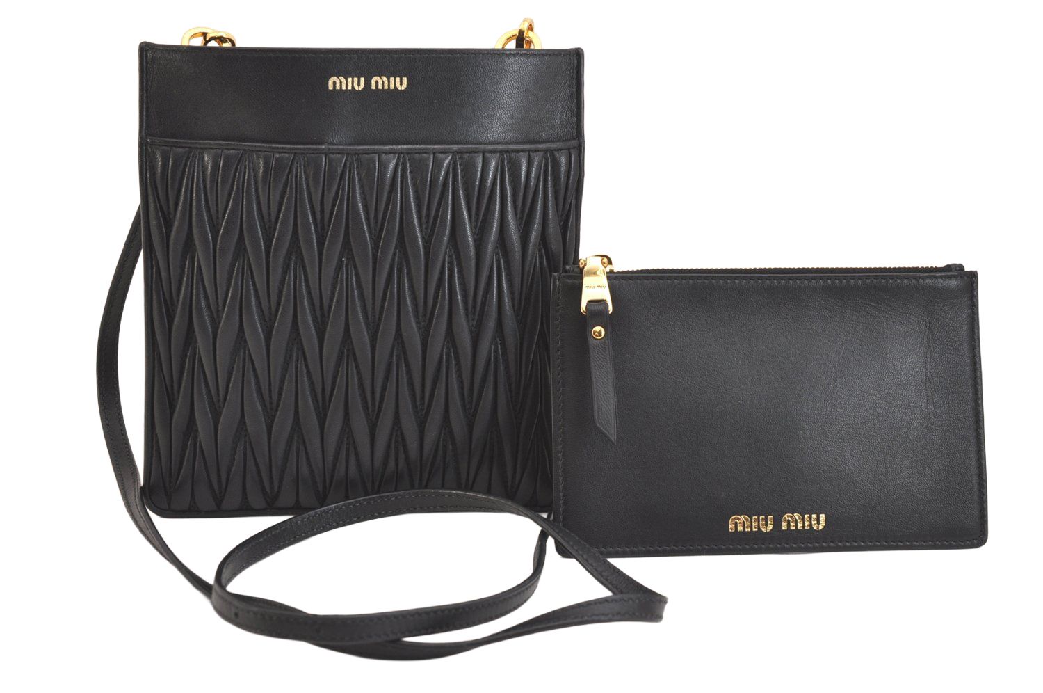 MIUMIU ミュウミュウ マトラッセ レザー ショルダークロスボディーバッグ 財布 ブラック 4790 N