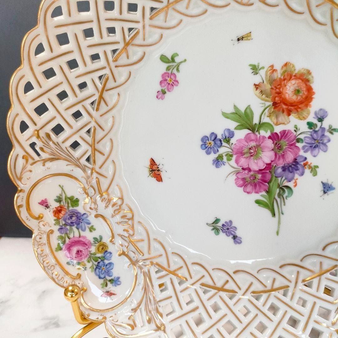 24㎝☆マイセン 美品 透かしプレート ピンクローズ 昆虫 金彩 ピアス