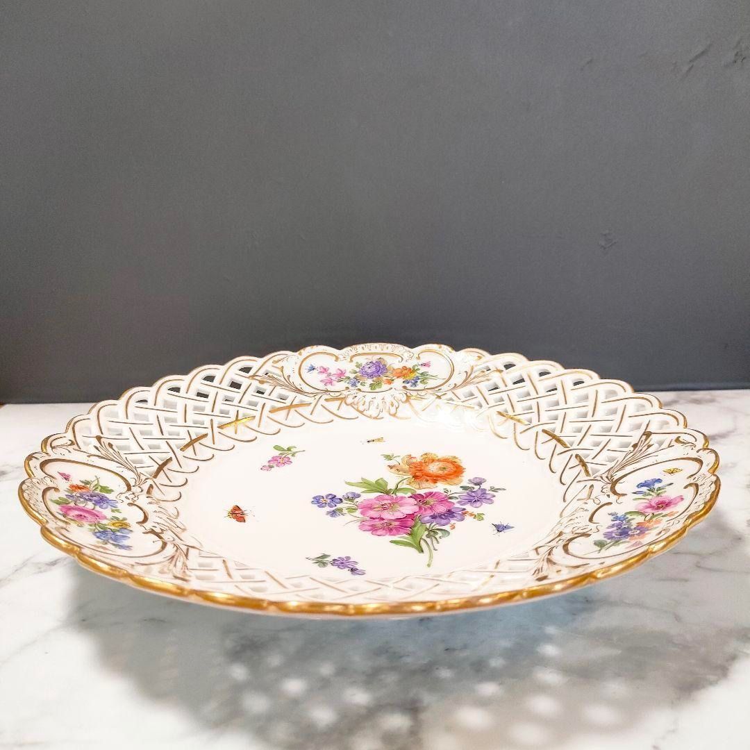 24㎝☆マイセン 美品 透かしプレート ピンクローズ 昆虫 金彩 ピアス