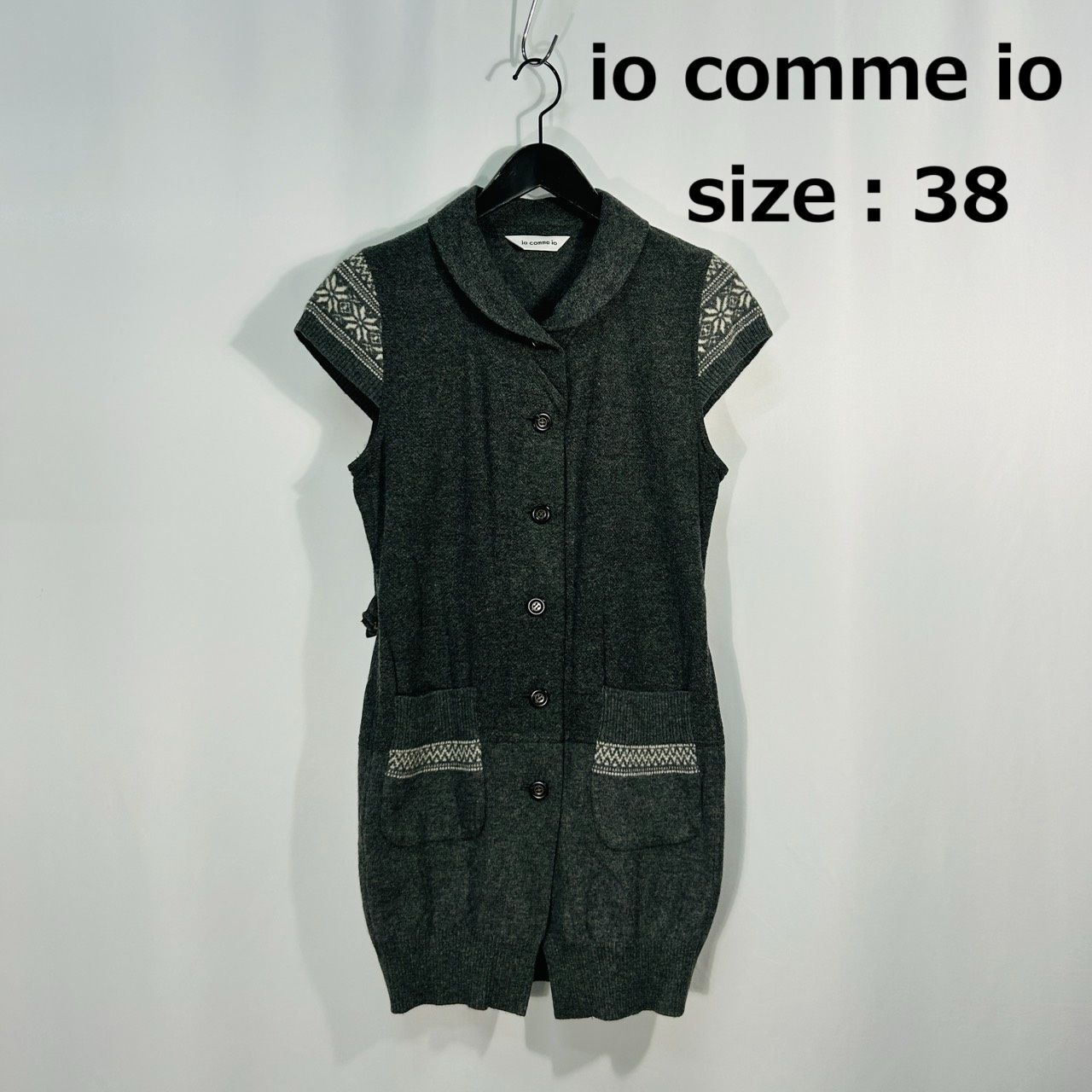 io comme io 38 グレー カーディガン 半袖 ニット トップス ロング レディース 生地ウール 花柄 センソユニコ マツオ イオコムイオ