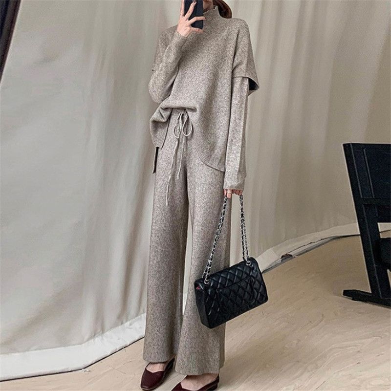 セットアップ レディース 秋冬 ニット 3点セット ニットセーター プルオーバー ワイドパンツ ニットセット パンツスーツ huanya 0
