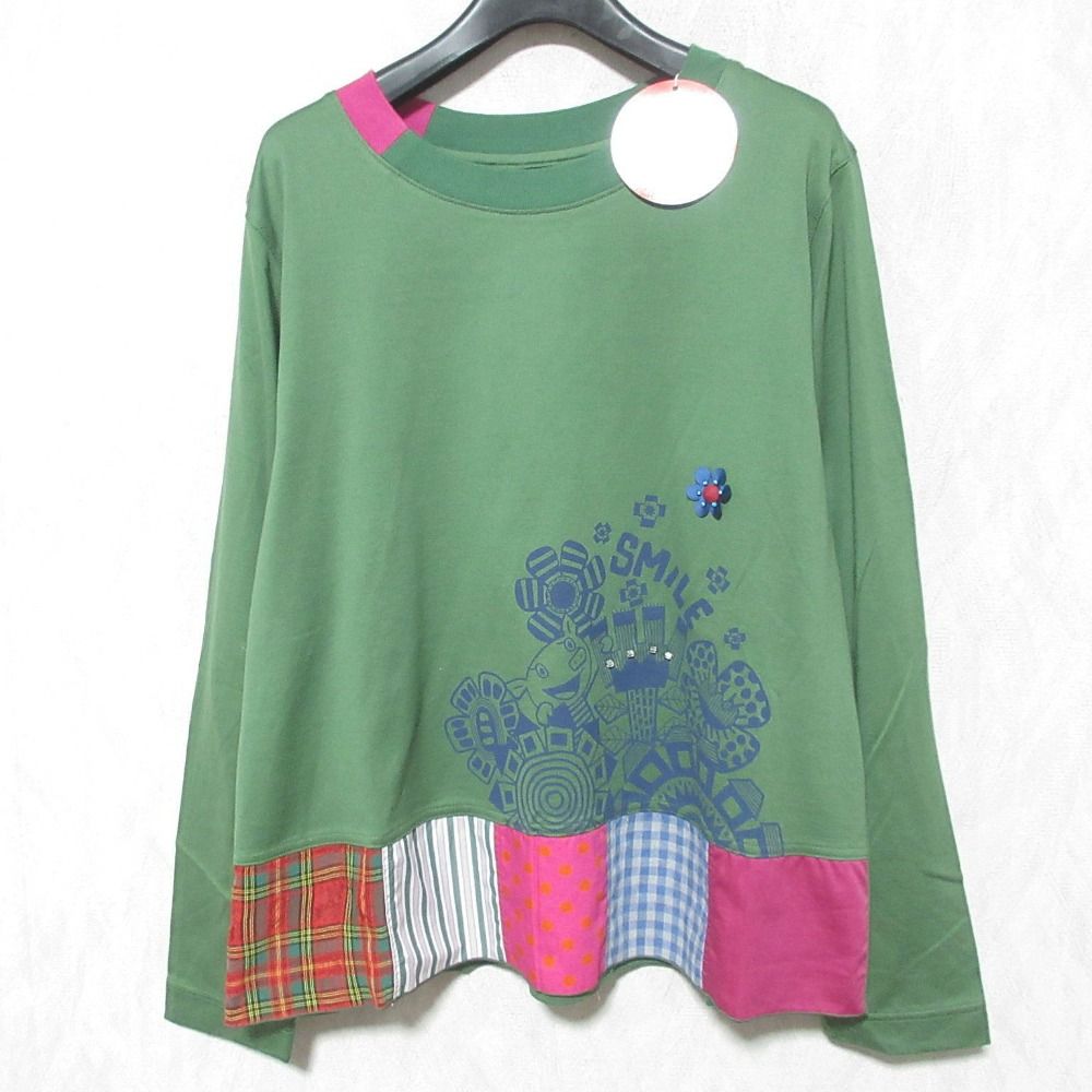 OLLEBOREBLA オレボレブラ アルベロベロ ぶたさんプリント ロングスリーブカットソー サイズM グリーン レディース 古着