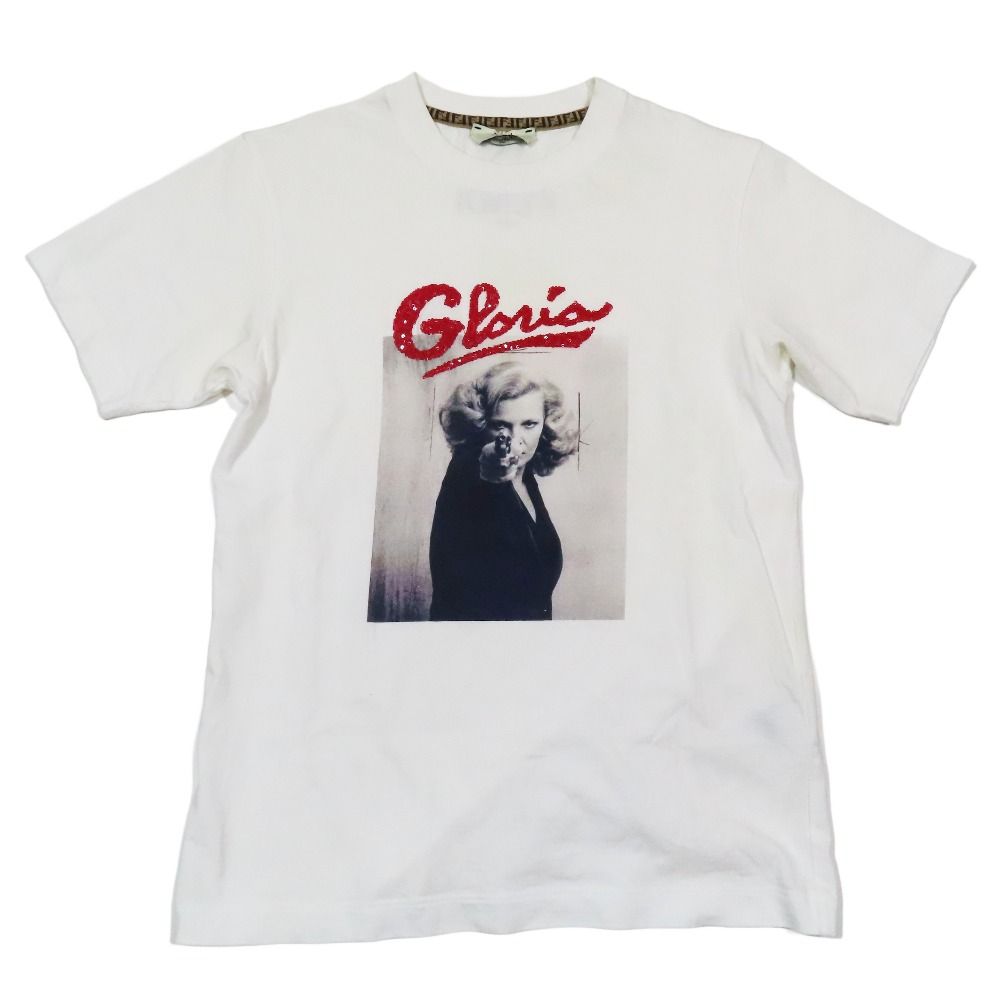 2019年 FENDI フェンディ Gloria Tシャツ 半袖 クルーネック スパンコール ロゴ プリント カットソー XS 白 ホワイト レディース 古着