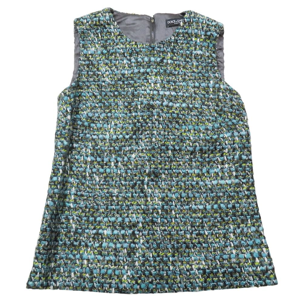 DOLCE GABBANA ドルチェアンドガッバーナ ツイード ノースリーブ カットソー トップス タンクトップ 40 ブルー レディース 古着