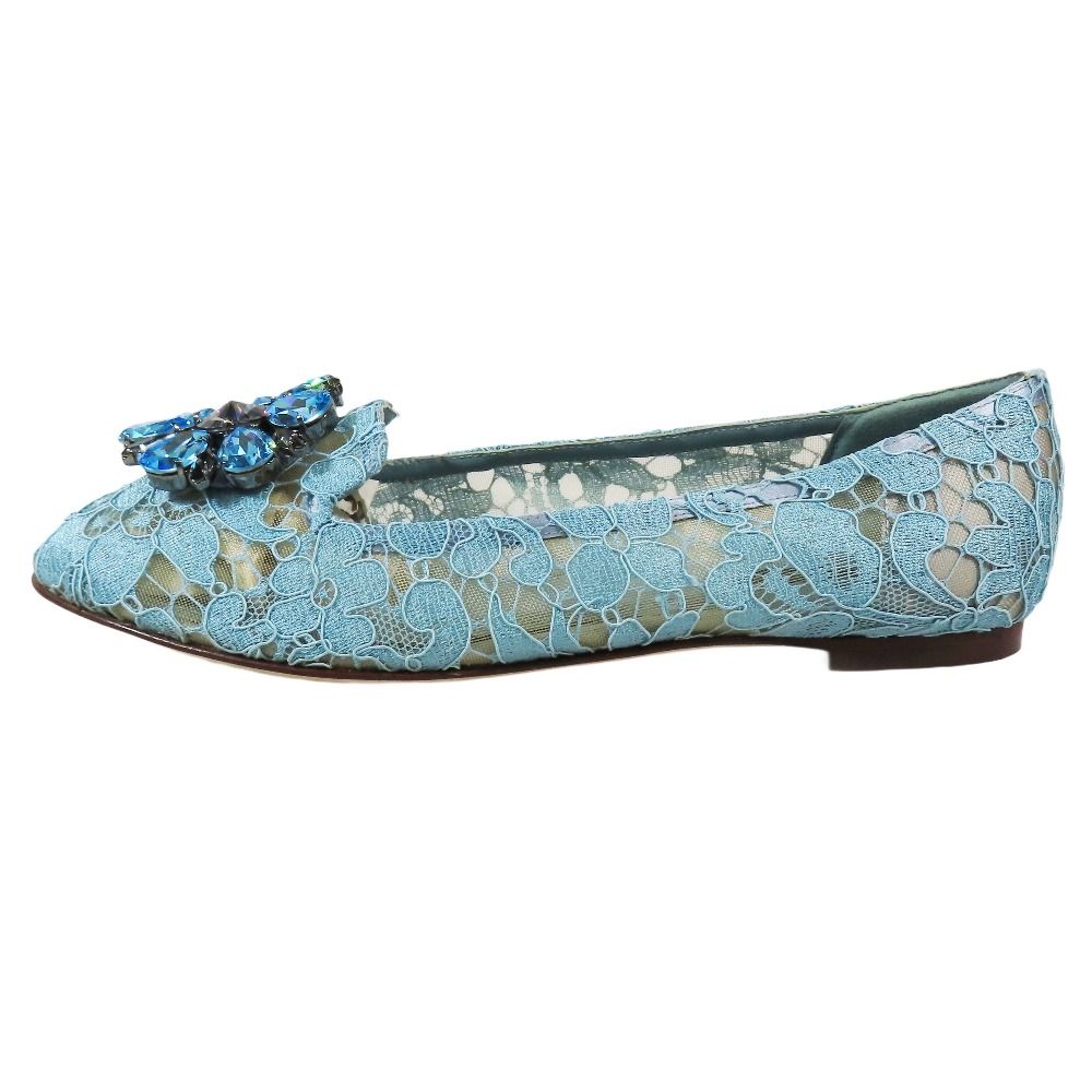 DOLCE-GABBANA ドルチェアンドガッバーナ タオルミナレース クリスタル ビジュー フラットシューズ 37 ライトブルー レディース 古着