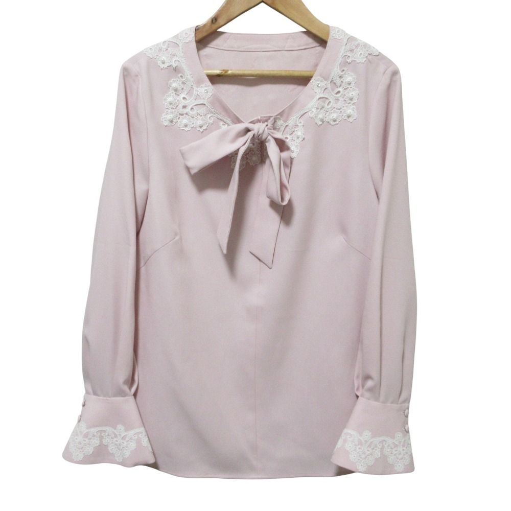 25 SS Rene ルネ レース刺繍 ボウタイ 長袖 ブラウス 6511010 34 ピンク レディース 古着