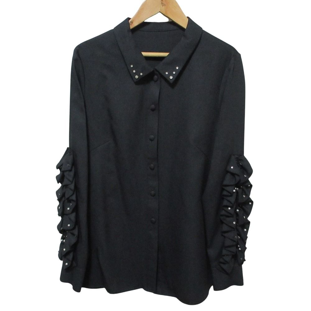 22AW Rene ルネ ラインストーン装飾 フリルスリーブ ブラウス シャツ 6241960 36 ブラック レディース 古着