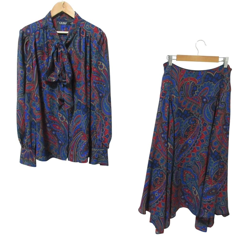 Lauren Ralph ローレンラルフローレン ペイズリー柄 ブラウス スカート セットアップ M 4 ブルー マルチ レディース 古着