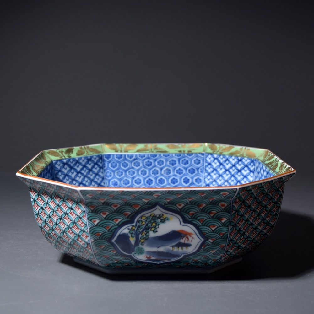 美濃焼 三洋陶器 龍峰窯 緑彩金欄手菓子鉢 八角鉢 鉢 中鉢 正月 年末