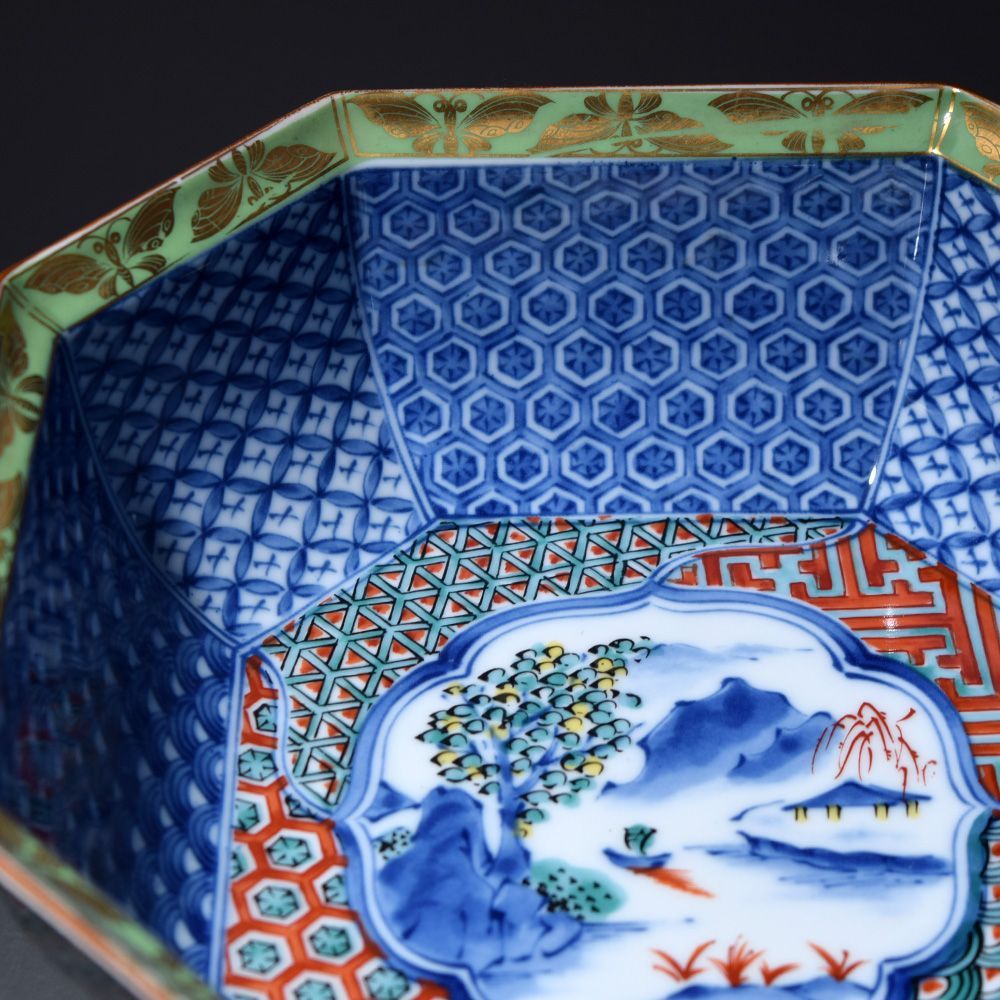 備前焼 龍峰窯 緑彩金欄手 八角皿 5枚 八角形の陶磁器皿 取り皿 備前焼