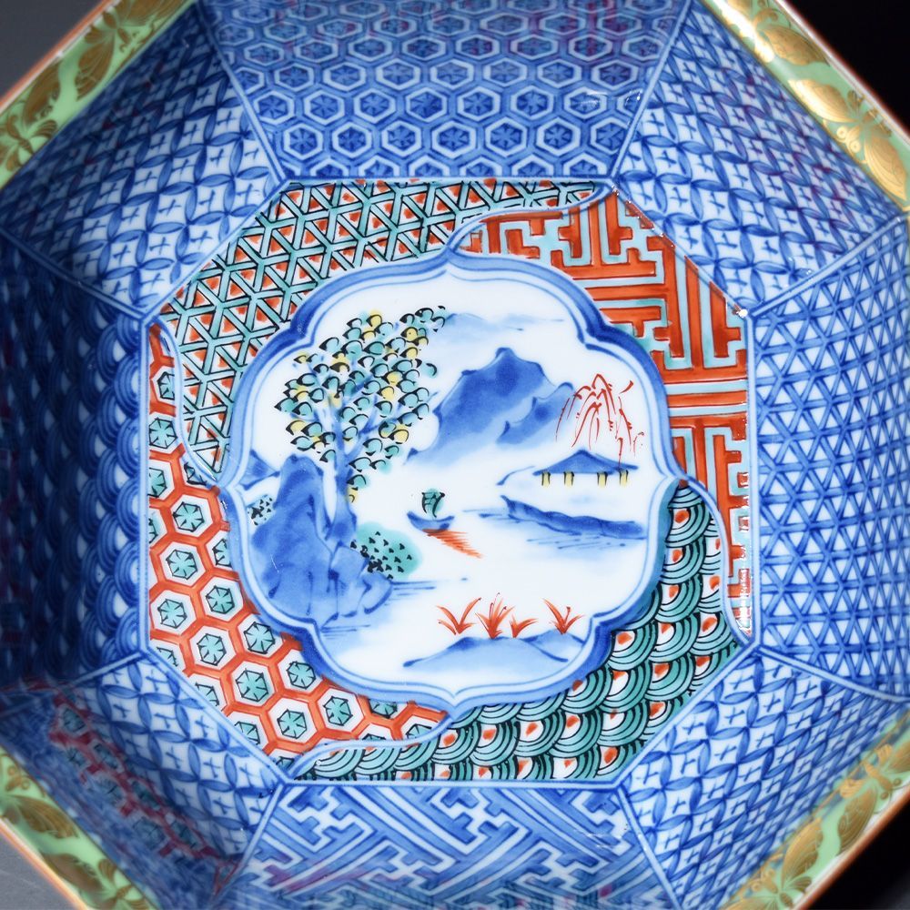 美濃焼 三洋陶器 龍峰窯 緑彩金欄手菓子鉢 八角鉢 鉢 中鉢 正月 年末