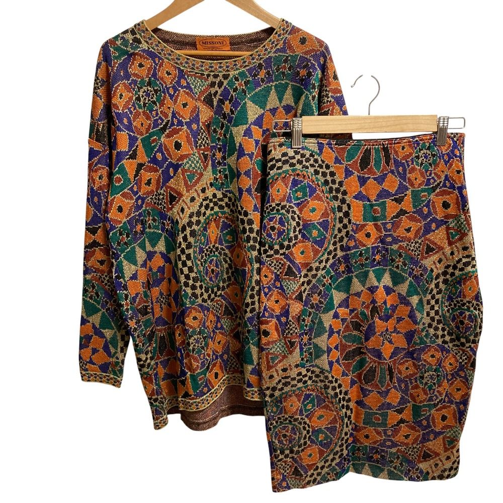 MISSONI ミッソーニ ジャガードニット セーター ひざ丈 スカート セットアップ サイズ42 マルチ レディース 古着