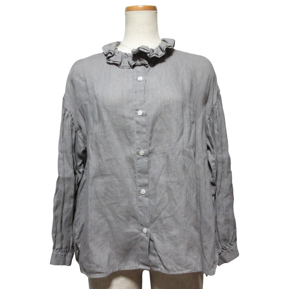 Gauze ガーゼ フリル 長袖 リネン ブラウス シャツ グレージュ レディース 古着
