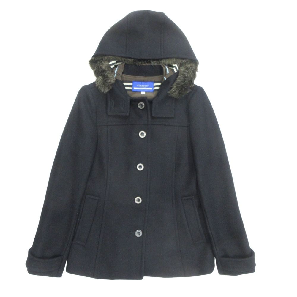 バーバリーブルーレーベル ケープ風ノーカラーショートコート 紺 38 銀ボタン BURBERRY BLUE LABEL バーバリーブルーレーベル コート Bランク