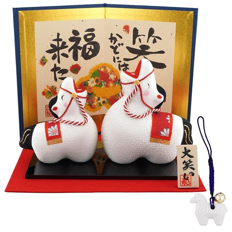 リュウコドウ 龍虎堂 大笑い親子 招福午 屏風付き 吉祥窯謹製 干支ストラップ付き 和雑貨 お正月 干支 午年 令和8年 2026年 置物 縁起物 開運 ちりめん うま年 R 38