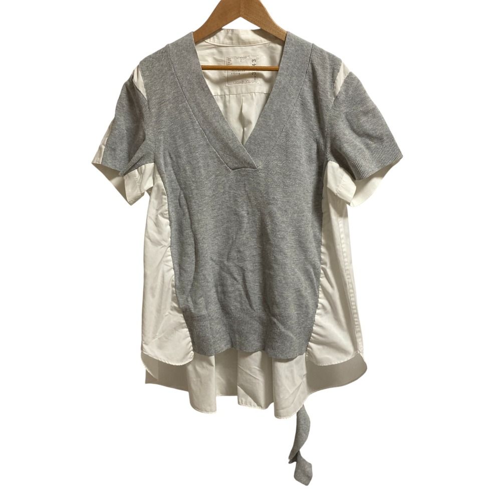 sacai サカイ Vネック 半袖 ドッキング ニット カットソー ブラウス 18-03843 サイズ1 グレー ホワイト レディース 古着