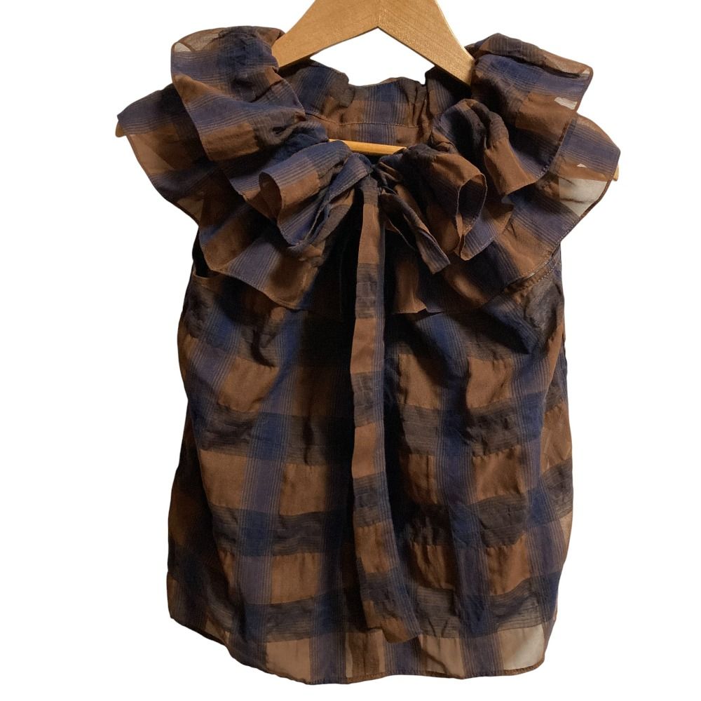 25 SS La boutique BonBon ラブティックボンボン シアーオンブレーチェック２WAYフリルオフショルブラウス サイズF ブラウン レディース 古着