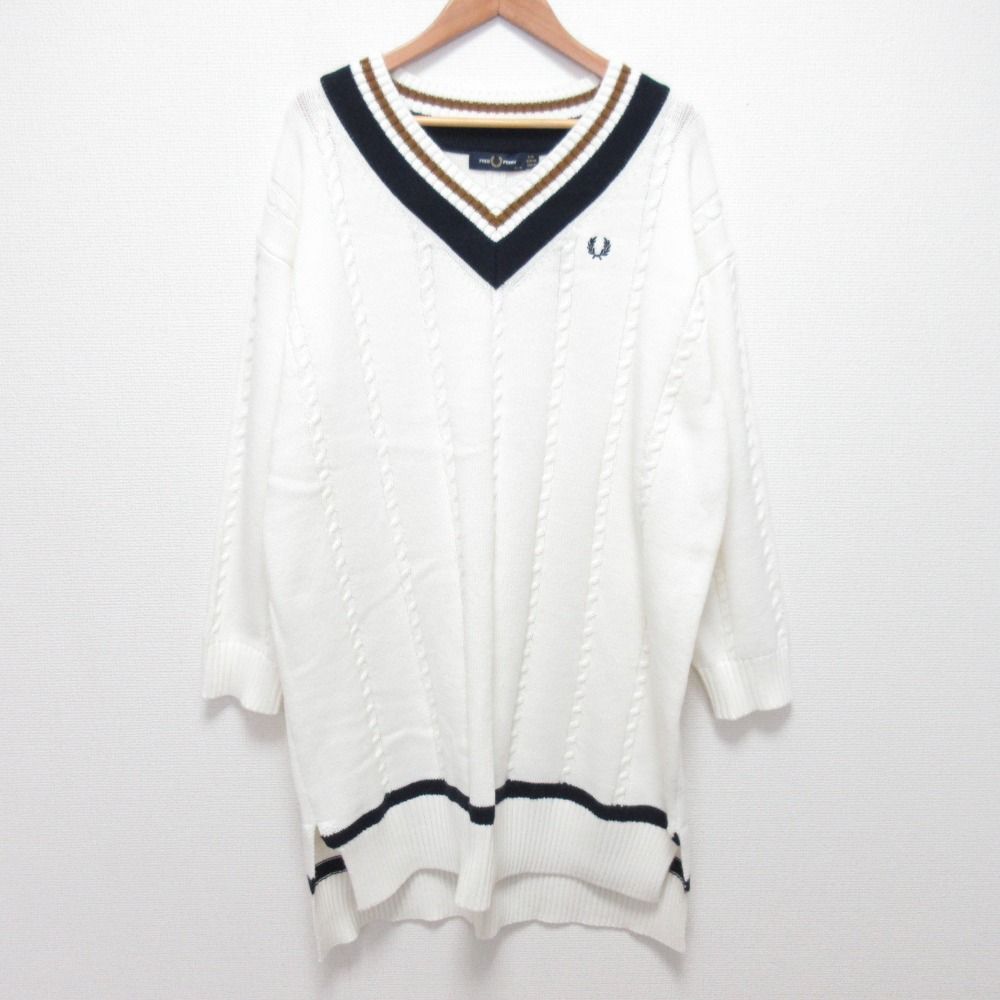 FRED PERRY フレッドペリー TILDEN KNIT DRESS ビッグシルエット チルデン ケーブルニット ワンピース F 8643 UK 10 ホワイト レディース 古着