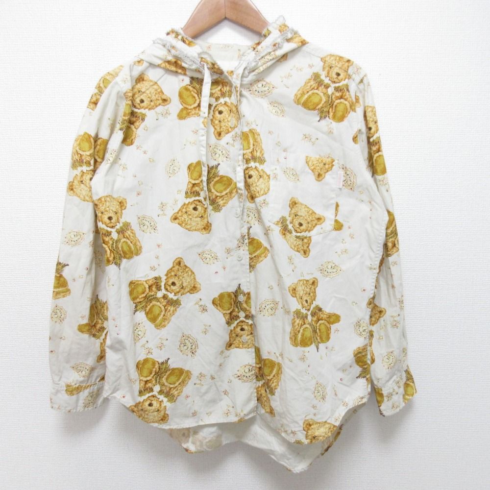 PINKHOUSE ピンクハウス テディベア フリル フーディーシャツ ブラウス サイズＭ ベージュ レディース 古着