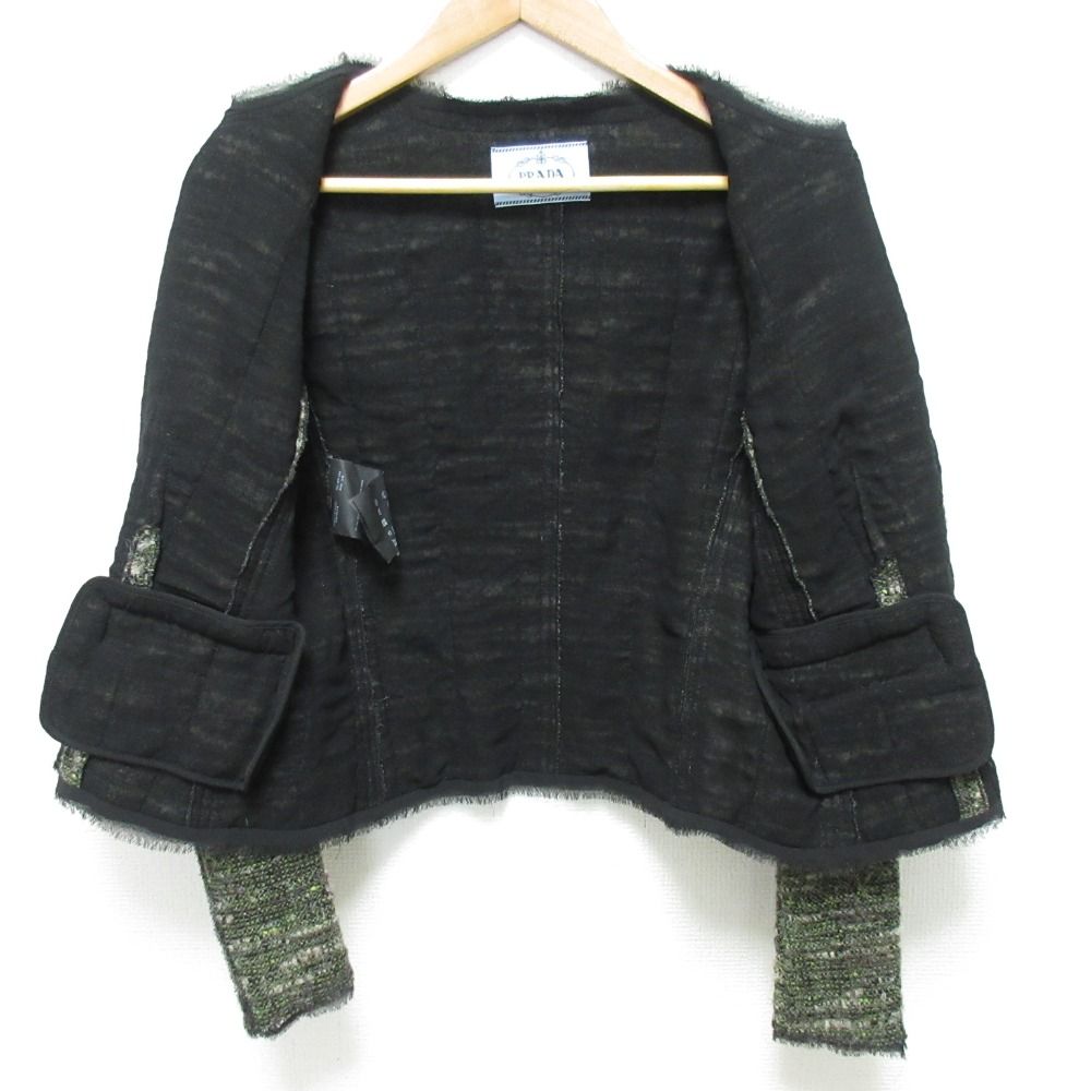 美品 PRADA プラダ ウールツイードノーカラージャケット スカート