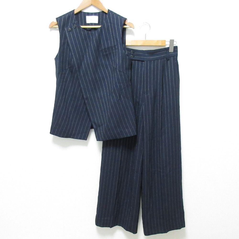 25 SS PINKY DIANNE ピンキーアンドダイアン ストライプワイドパンツ ジレベスト トップス セットアップ サイズ38 36 ネイビー レディース 古着