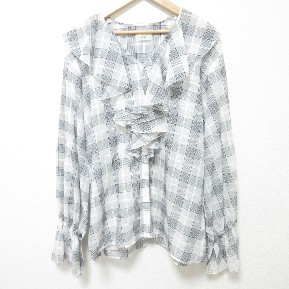 25 SS IENA イエナ シアーチェックフリルシャツ 長袖 ブラウス サイズF グレー ホワイト レディース 古着