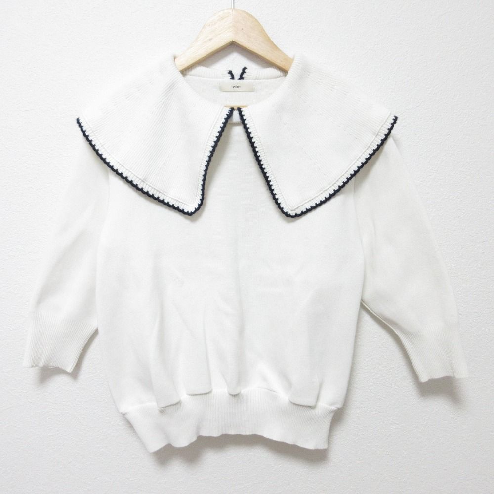24 SS yori ヨリ コットン刺繍 ニット カットソー セーター YR 31-24040 SP サイズF ホワイト レディース 古着