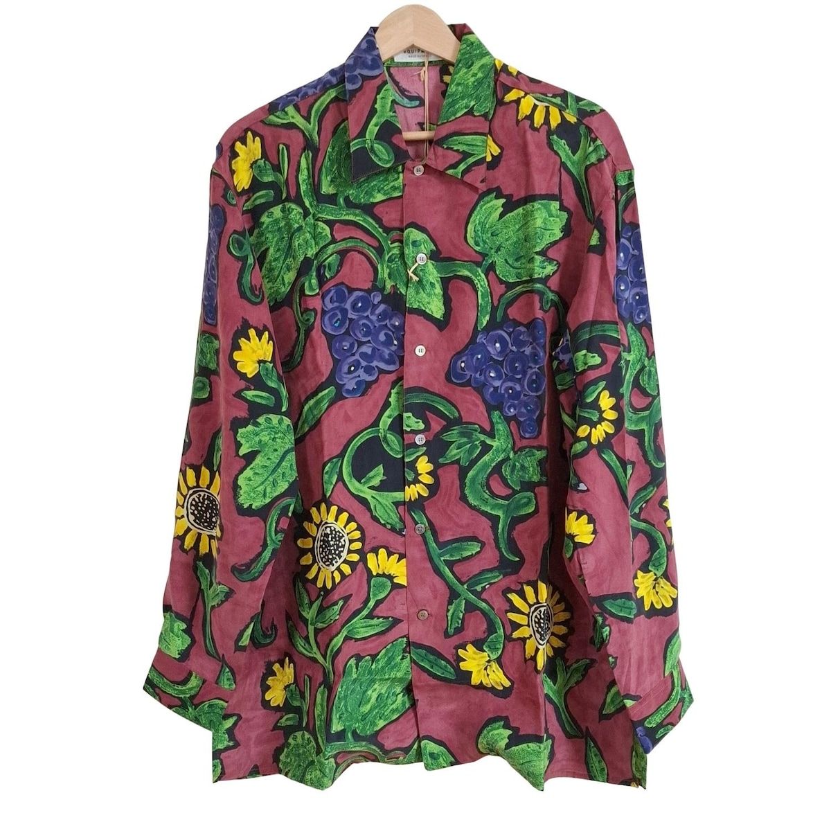 EQUIPMENT エキプモン 長袖シャツブラウス サイズL レディース - ボルドー×グリーン×マルチ シルク 花柄 ブドウ