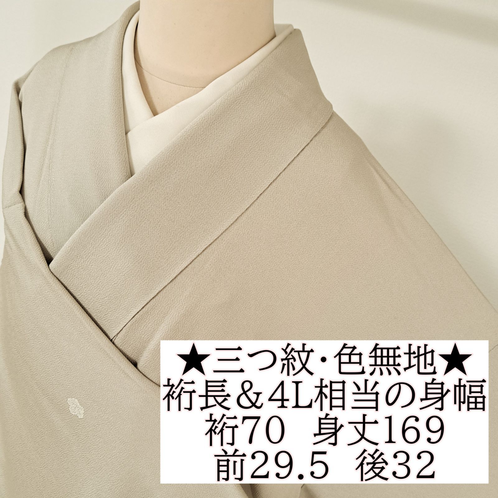 三つ紋 色無地 裄70 身丈169 袖49 裄長＆4 L相当のゆったり身幅 正絹 袷 蔦紋 サンドベージュ色系 や02 S 11 m 2505