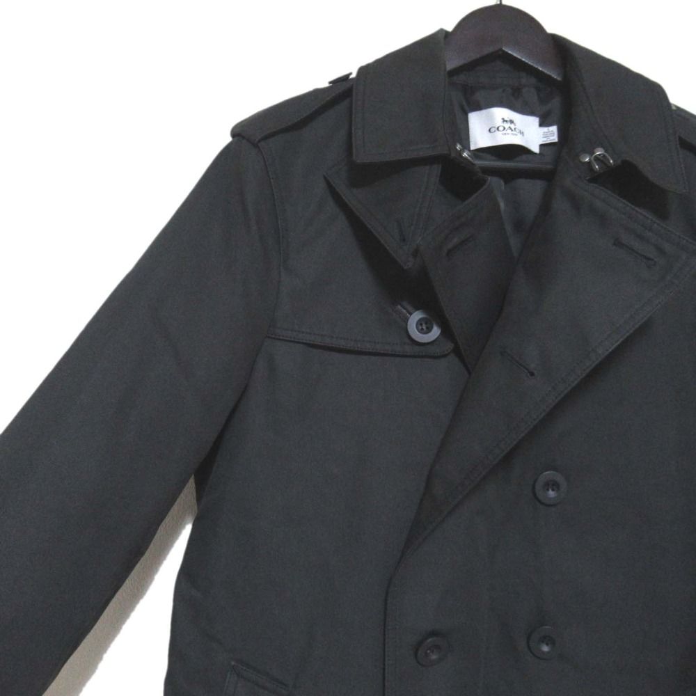 美品　COACHブラック メンズトレンチコート ダブルブレスト 美品 COACH コーチ ダブルブレスト ベルテッド トレンチコート Sサイズ