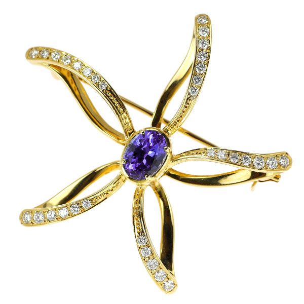 美品　GSTVタンザナイト×ダイヤSV950×K18 フラワーブローチ　刻印あり ミキモト K18YG タンザナイト ダイヤモンド ブローチ 1.45ct D0.58ct