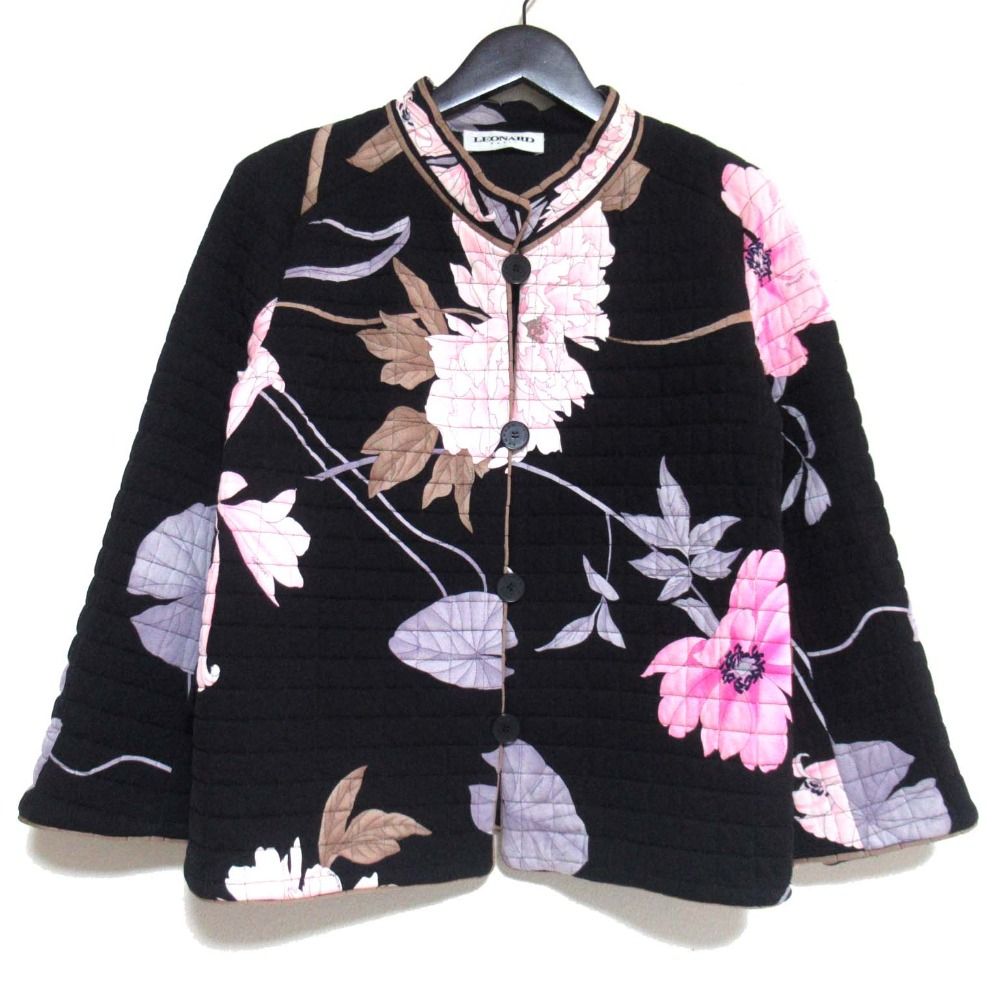 LEONARD PARIS レオナールパリ フラワープリント シルク パデッド キルティング ジャケット サイズ40 ブラック レディース 古着