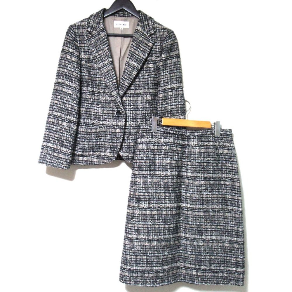 HANAE MORI ハナエモリ ツイード テーラードジャケット スカート セットアップ サイズ42 ブラック×ベージュ レディース 古着